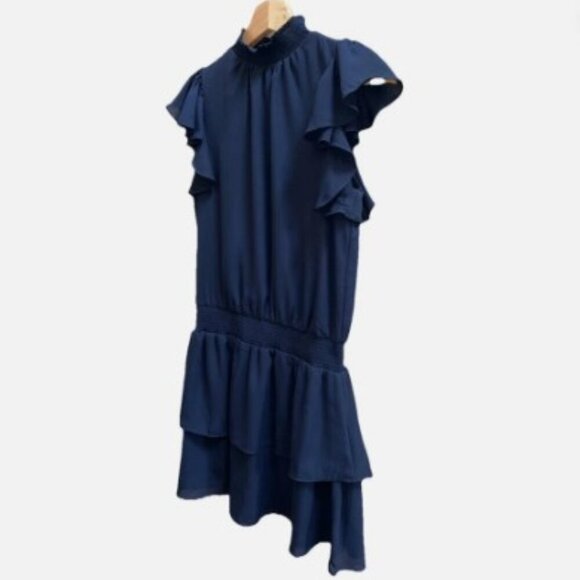 1. STATE Navy Blue Mock Neck Smocked Blouson Ruffle Mini Dress Women's Size XS - Picture 3 of 10